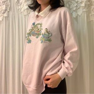 Morning Sun Pink Collared Kitten and Birds Grandma Sweatshirt. Size XL.